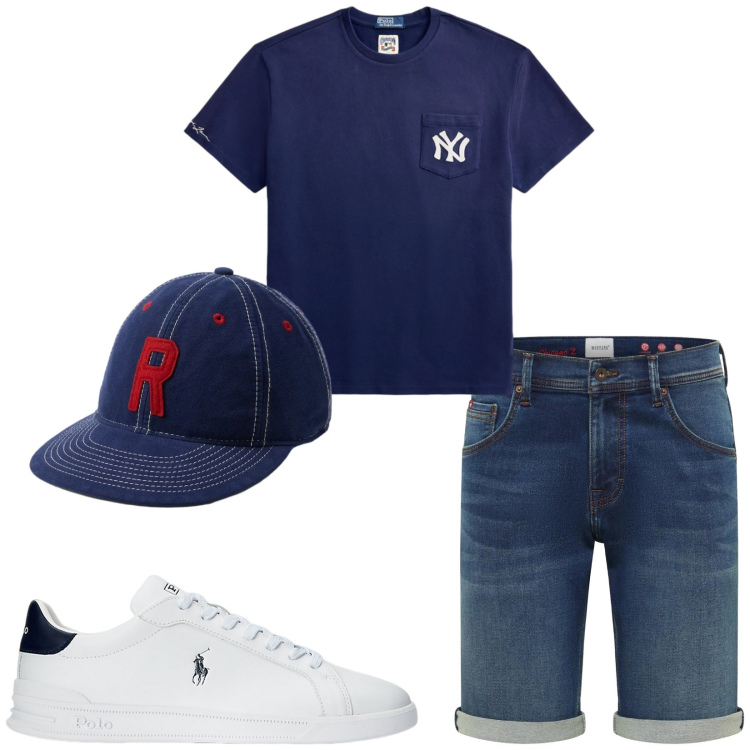 Outfit uomo - Total look #2413560. Stile Casual per Mare. Abbinamento con bermuda, sneakers, cappelli con visiera, t-shirt.