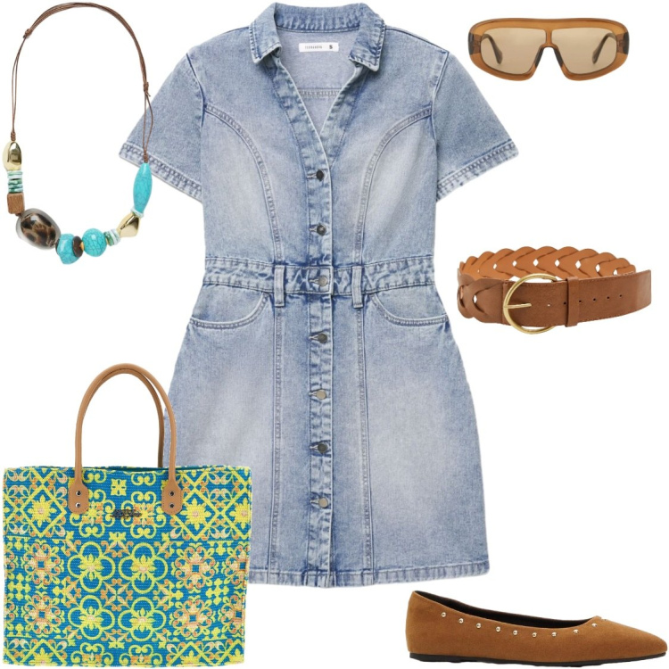 Outfit donna - color cuoio. Stile Trendy per Tutti i giorni. Abbinamento con ballerine, vestiti corti, cinture, occhiali da sole, collane, borse a spalla.