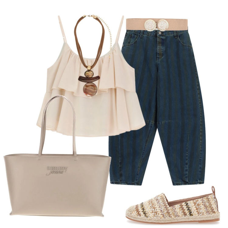 Outfit donna - I jeans baloon Please. Stile Glamour per Tutti i giorni. Abbinamento con cinture, jeans, top, ciondoli, espadrillas, borse a spalla.