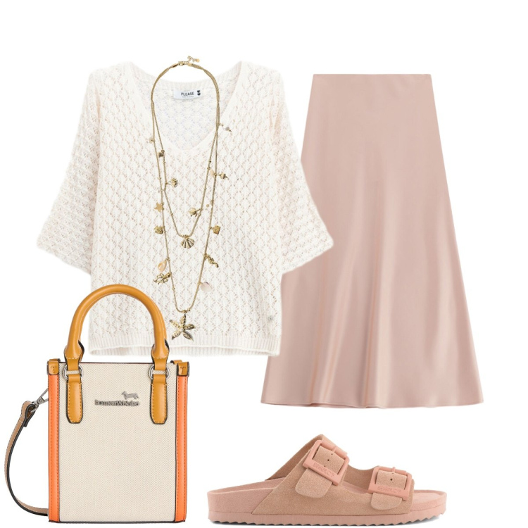 Outfit donna - In città. Stile Chic per Tutti i giorni. Abbinamento con gonne lunghe, collane, borse tote, canottiere, sandali in pelle.