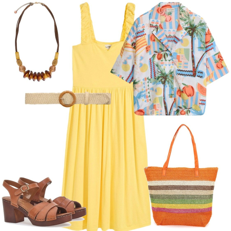 Outfit donna - Giallo limone. Stile Glamour per Tutti i giorni. Abbinamento con vestiti, camicie, cinture, collane, shopping bag, sandali in pelle.