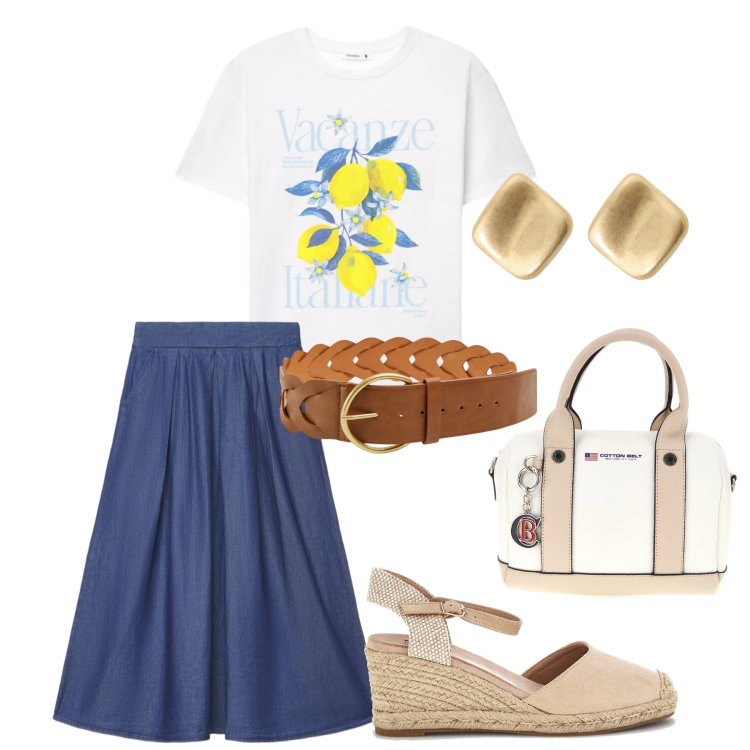 Outfit donna - Total look #2413577. Stile Romantica per Tutti i giorni. Abbinamento con gonne lunghe, t-shirt, cinture, orecchini, zeppe, borse a mano.