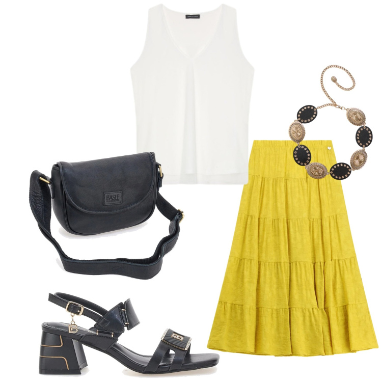Outfit donna - Total look #2413580. Stile Minimal per Ufficio. Abbinamento con cinture, gonne lunghe, top, sandali col tacco, borse a tracolla.