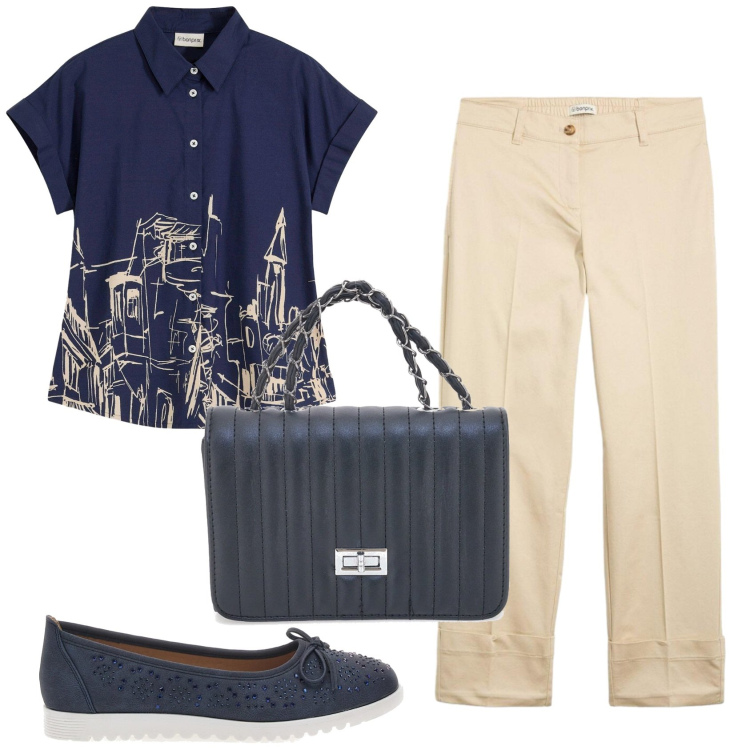 Outfit donna - Total look #2413581. Stile Basic per Ufficio. Abbinamento con pantaloni chino, camicie a manica corta, ballerine, borse a tracolla.