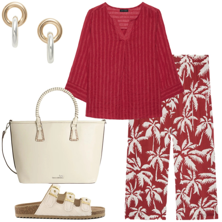 Outfit donna - Total look #2413582. Stile Casual per Tutti i giorni. Abbinamento con shopping bag, bluse, pantaloni, orecchini, sandali in pelle.
