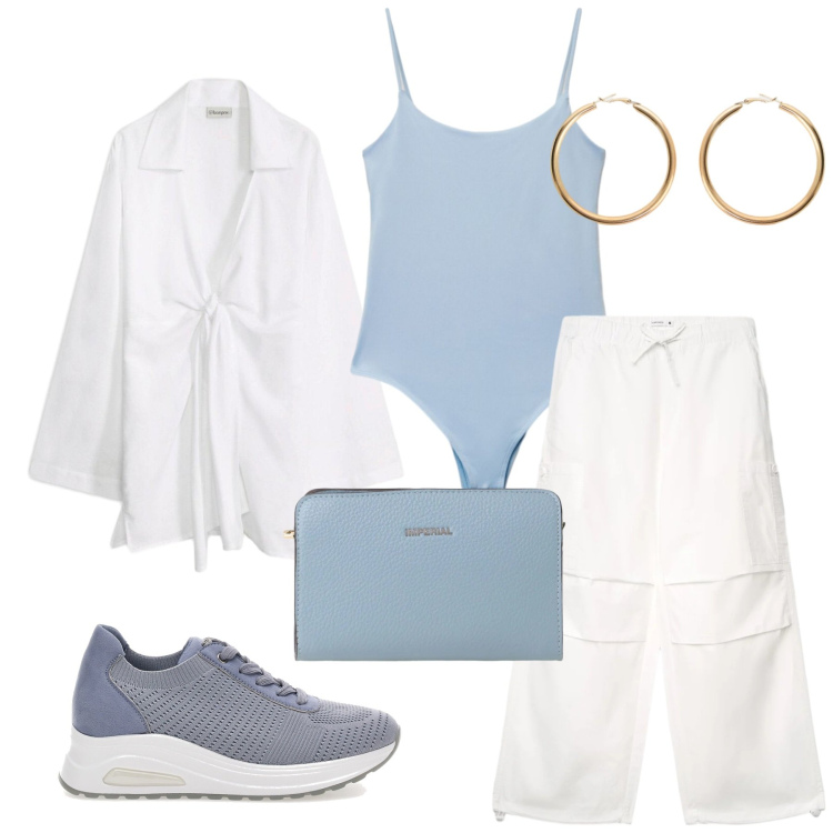 Outfit donna - Total look #2413583. Stile Mannish per Tutti i giorni. Abbinamento con camicie, top, pantaloni cargo, borse a tracolla, orecchini, sneakers alte.