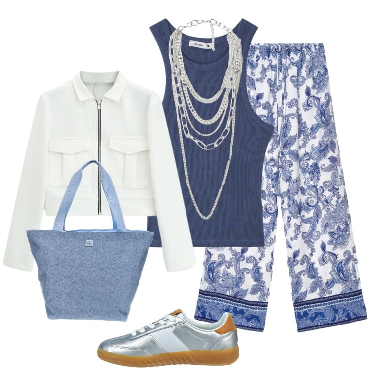Outfit donna - Sfumature blu. Stile Glamour per Tutti i giorni. Abbinamento con pantaloni, canottiere, cappotti, collane, sneakers, shopping bag.