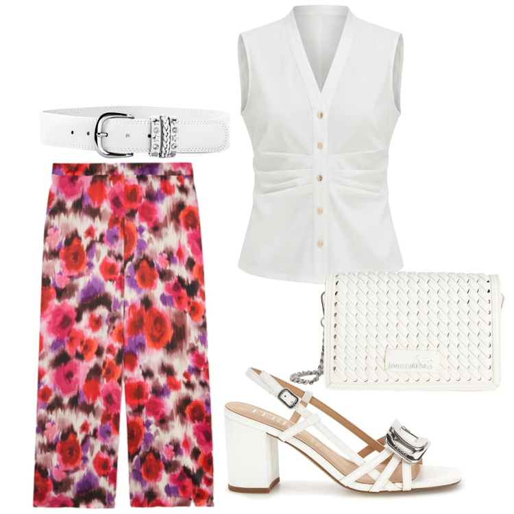 Outfit donna - Total look #2413587. Stile Chic per Ufficio. Abbinamento con cinture, camicie a manica corta, borse a tracolla, pantaloni a palazzo, sandali in pelle.