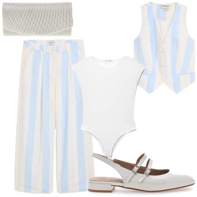 Outfit donna - Cerimonie. Stile Chic per Cerimonia. Abbinamento con pantaloni a palazzo, gilet, top, ballerine, pochette.