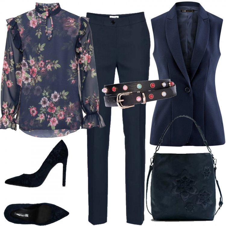 Outfit donna - Camicia a fiori per l\' ufficio. Stile Chic per Ufficio. Abbinamento con pantaloni, blusa, cintura con borchie oro e nero, décolleté a punta in velluto tinta unita, gilet a panciotto aderente blu, shopping bag blu.