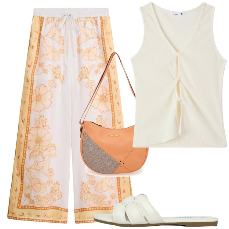 Outfit donna - Libertà estiva. Stile Chic per Tutti i giorni. Abbinamento con pantaloni a palazzo, canottiere, ciabatte, borse a tracolla.