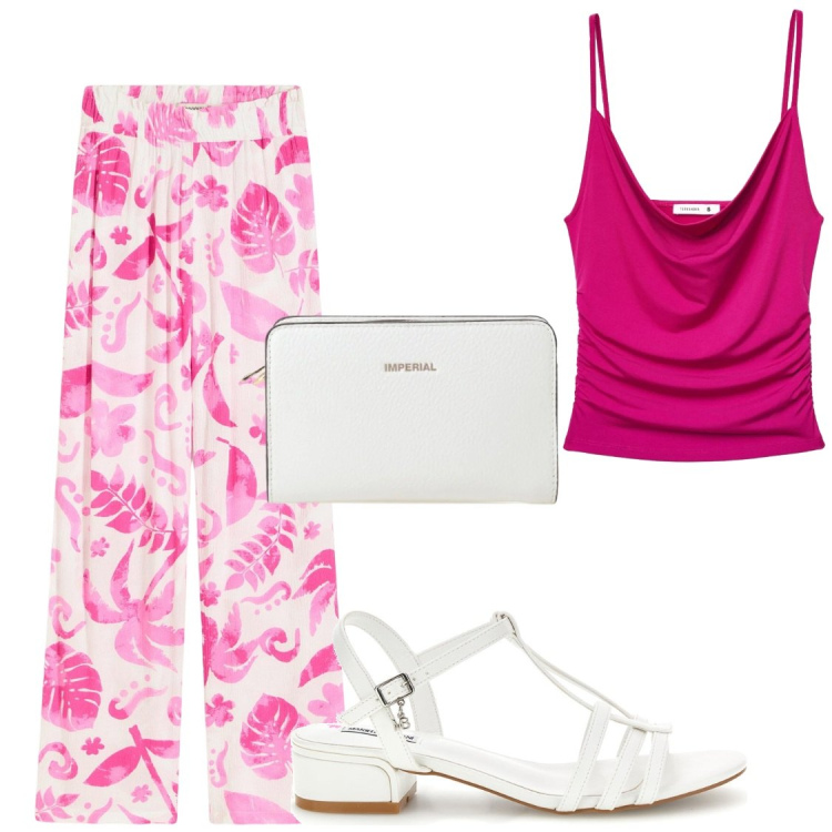 Outfit donna - Estate#stampe e colori. Stile Chic per Tutti i giorni. Abbinamento con pantaloni, canottiere, borse a tracolla, sandali col tacco.
