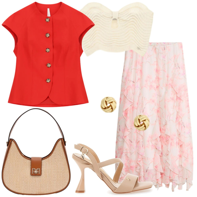Outfit donna - Blazer rosso. Stile Casual chic per Tutti i giorni. Abbinamento con gonne lunghe, borse a spalla, blazer, top, orecchini, sandali col tacco.