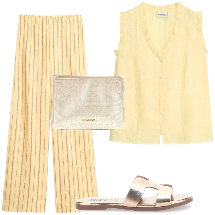 Outfit donna - Come impreziosire una camicia. Stile Chic per Tutti i giorni. Abbinamento con pantaloni, canottiere, ciabatte, pochette.