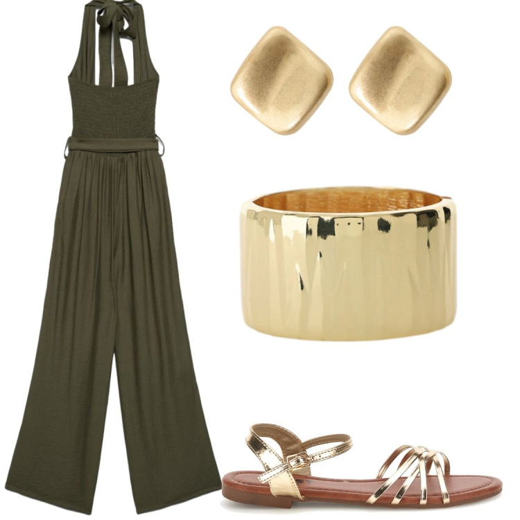 Outfit donna - Verde militare e oro. Stile Chic per Serata fuori. Abbinamento con tute, braccialetti, orecchini, sandali.