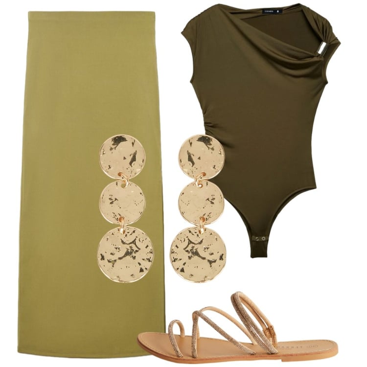 Outfit donna - Gonna in seta. Stile Glamour per Serata fuori. Abbinamento con gonne lunghe, sandali, top, orecchini.