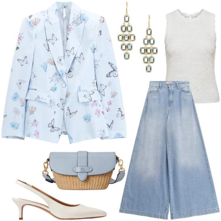 Outfit donna - Blazer protagonista. Stile Casual chic per Tutti i giorni. Abbinamento con canottiere, blazer, jeans, décolleté, borse a spalla, orecchini.
