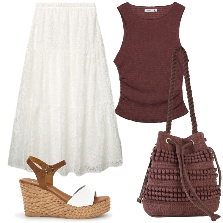 Outfit donna - Trame di pizzo. Stile Boho per Tutti i giorni. Abbinamento con borse a secchiello, gonne lunghe, top, sandali col tacco.