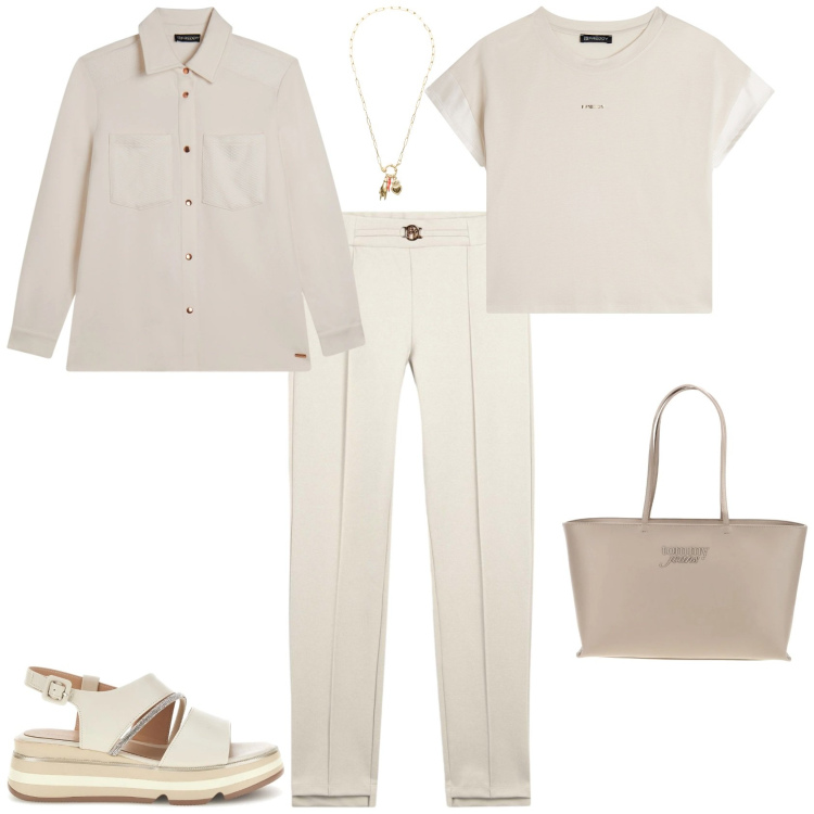Outfit donna - Casual chic ufficio tempo libero. Stile Casual chic per Tutti i giorni. Abbinamento con t-shirt, pantaloni, ciondoli, camicie, sandali col tacco, borse a spalla.