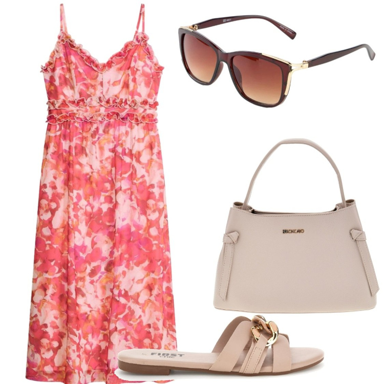 Outfit donna - A fare shopping. Stile Chic per Tutti i giorni. Abbinamento con vestiti, occhiali da sole, ciabatte, borse a tracolla.