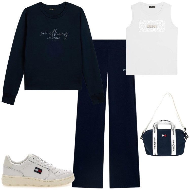Outfit donna - Sporty chic tempo libero. Stile Sporty chic per Tutti i giorni. Abbinamento con pantaloni, felpe, top, sneakers, shopping bag.