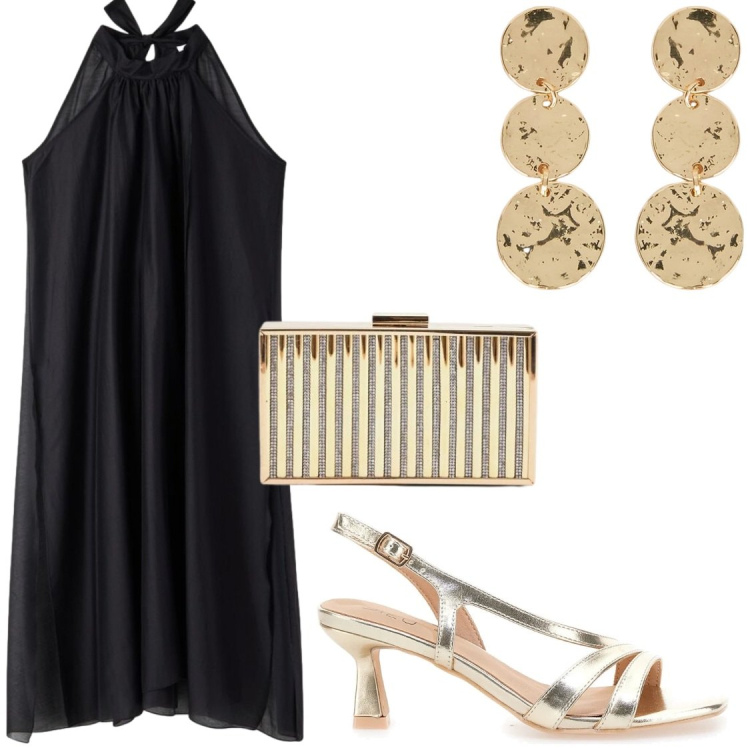 Outfit donna - Eventi#nero&oro. Stile Glamour per Serata fuori. Abbinamento con vestiti lunghi, clutch, orecchini, sandali in pelle.