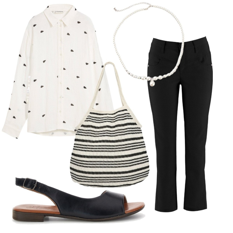 Outfit donna - In ufficio. Stile Bon Ton per Ufficio. Abbinamento con pantaloni, camicie, collane, shopping bag, sandali in pelle.