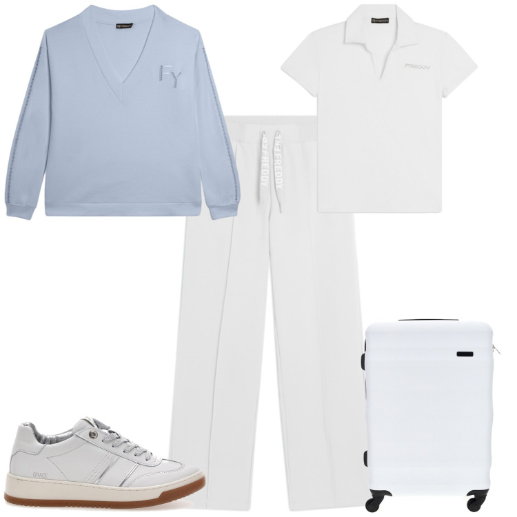 Outfit donna - Sporty chic in viaggio con Freddy. Stile Sporty chic per Tutti i giorni. Abbinamento con pantaloni, felpe, t-shirt, sneakers, valigie.