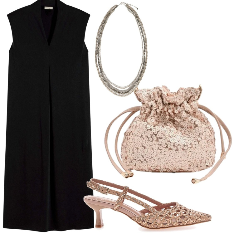 Outfit donna - Eventi. Stile Glamour per Serata fuori. Abbinamento con vestiti, pochette, collane, décolleté.