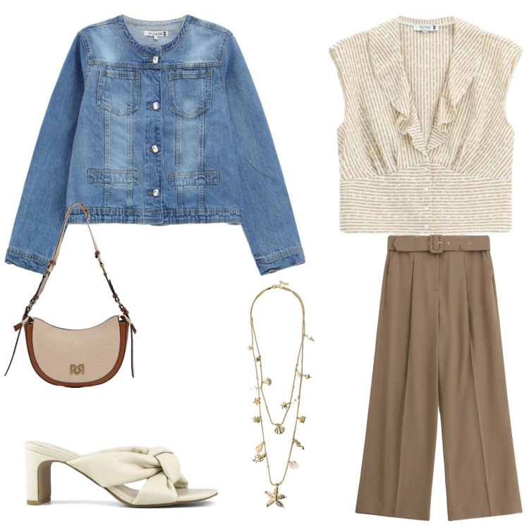 Outfit donna - I colori caldi. Stile Casual chic per Ufficio. Abbinamento con borse a tracolla, collane, pantaloni a palazzo, blazer, camicie, sandali col tacco.