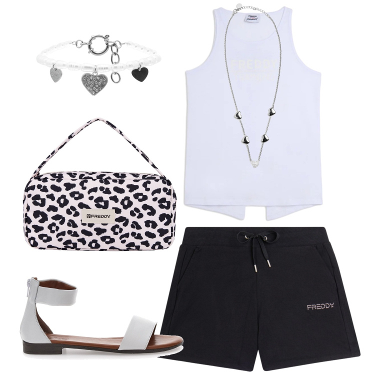 Outfit donna - Energia estiva. Stile Minimal per Tutti i giorni. Abbinamento con pantaloni corti, braccialetti, collane, borse a spalla, canottiere, sandali.