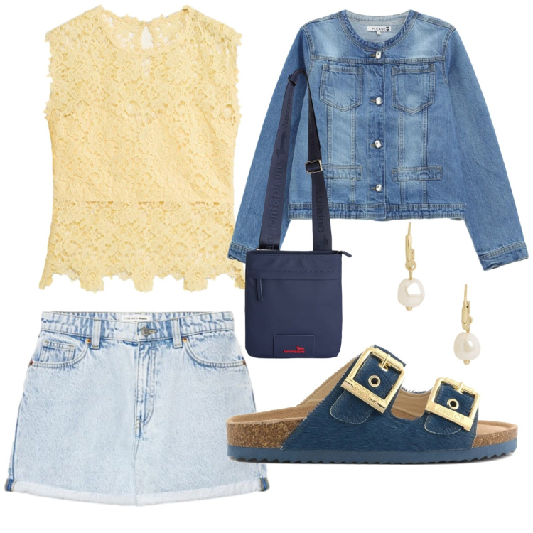 Outfit donna - Giugno: un tocco di giallo. Stile Basic per Tutti i giorni. Abbinamento con canottiere, shorts, borse a tracolla, blazer, orecchini, sandali in pelle.