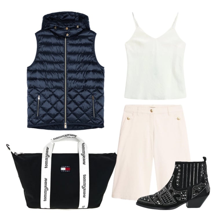 Outfit donna - Giugno. Stile Glamour per Tutti i giorni. Abbinamento con stivaletti, bermuda, canottiere, piumini, shopping bag.
