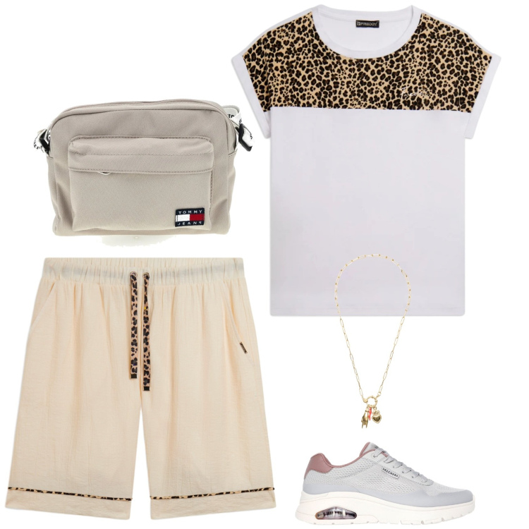 Outfit donna - Sempre di corsa. Stile Sporty chic per Tutti i giorni. Abbinamento con ciondoli, t-shirt, pantaloni corti, sneakers, borse a tracolla.