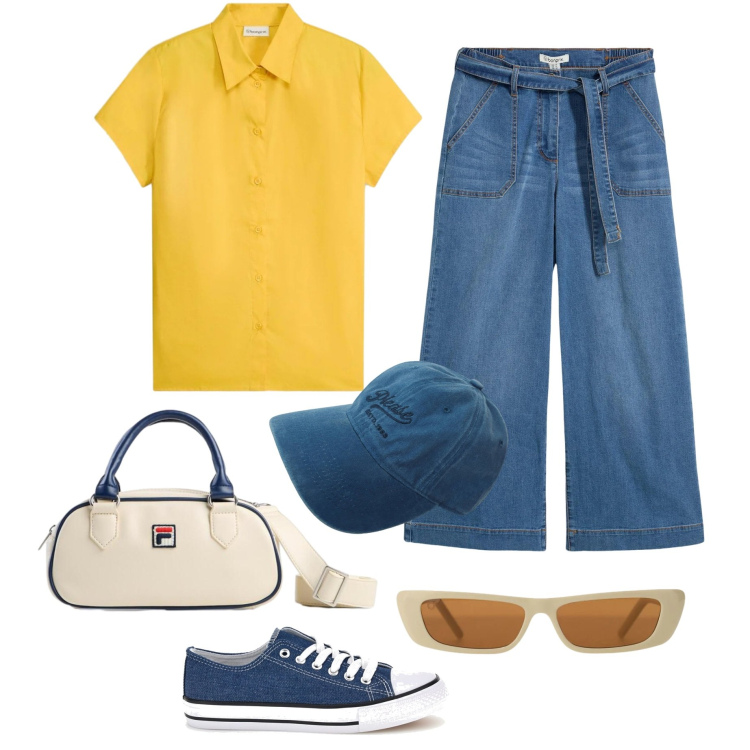 Outfit donna - Passeggiata sportiva in giallo. Stile Preppy per Tutti i giorni. Abbinamento con camicie a manica corta, jeans, borse a tracolla, occhiali da sole, cappelli, sneakers.