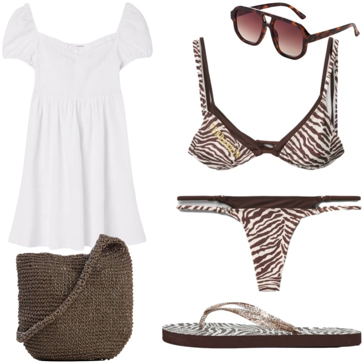 Outfit donna - Animalier. Stile Minimal per Mare. Abbinamento con occhiali da sole, shopping bag, vestiti corti, infradito, bikini, bikini.