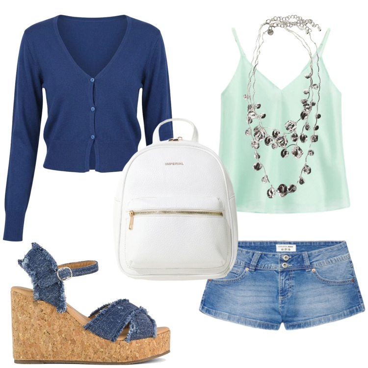 Outfit donna - Seafoam Blue. Stile Glamour per Tutti i giorni. Abbinamento con shorts, cardigans, zaini, collane, top, zeppe.