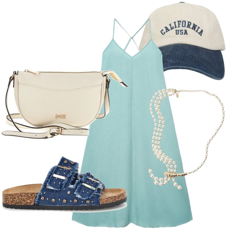 Outfit donna - Seafoam Blue. Stile Casual per Tutti i giorni. Abbinamento con vestiti lunghi, cappelli con visiera, collane, ciabatte, borse a tracolla.