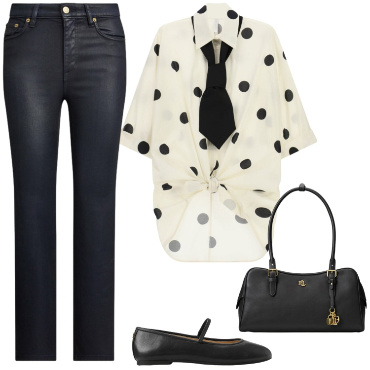 Outfit donna - Bianco e nero. Stile Mannish per Tutti i giorni. Abbinamento con camicie a manica corta, jeans dritti, borse a mano, ballerine.