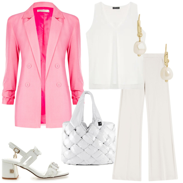 Outfit donna - Il mio blazer preferito. Stile Chic per Tutti i giorni. Abbinamento con blazer, pantaloni, top, orecchini, borse tote, sandali col tacco.