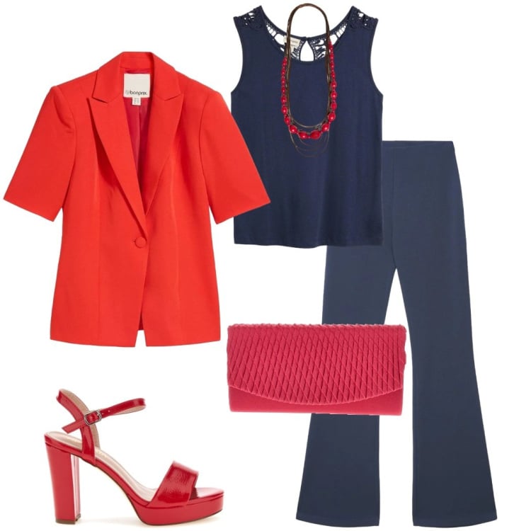 Outfit donna - Un blazer colorato. Stile Casual chic per Serata fuori. Abbinamento con blazer, top, pantaloni, collane, pochette, sandali col tacco.