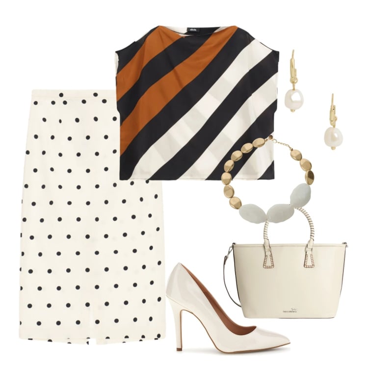 Outfit donna - Fantasiosa. Stile Chic per Ufficio. Abbinamento con shopping bag, bluse, gonne longuette, collane, orecchini, décolleté.