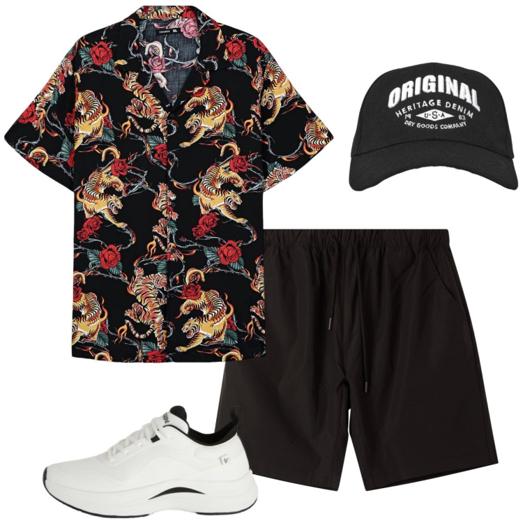 Outfit uomo - Camicia di lino. Stile Casual Abbinamento con camicie a manica corta, bermuda, cappelli con visiera, sneakers.