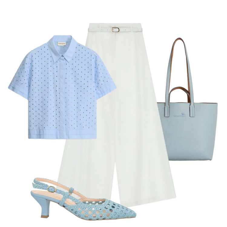 Outfit donna - Dettagli traforati. Stile Casual chic per Tutti i giorni. Abbinamento con décolleté, camicie a manica corta, pantaloni a palazzo, shopping bag.