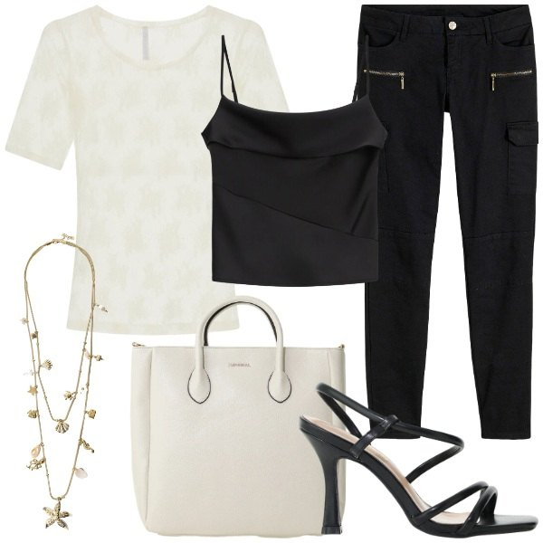 Outfit donna - I gemelli: l’Imprevedibile. Stile Casual chic per Tutti i giorni. Abbinamento con pantaloni cargo, t-shirt, collane, borse a tracolla, sandali col tacco, canottiere.