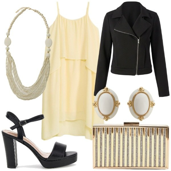 Outfit donna - l’Imprevedibile gemelli. Stile Glamour per Serata fuori. Abbinamento con vestiti asimmetrici, giacche, clutch, collane, orecchini, sandali col tacco.
