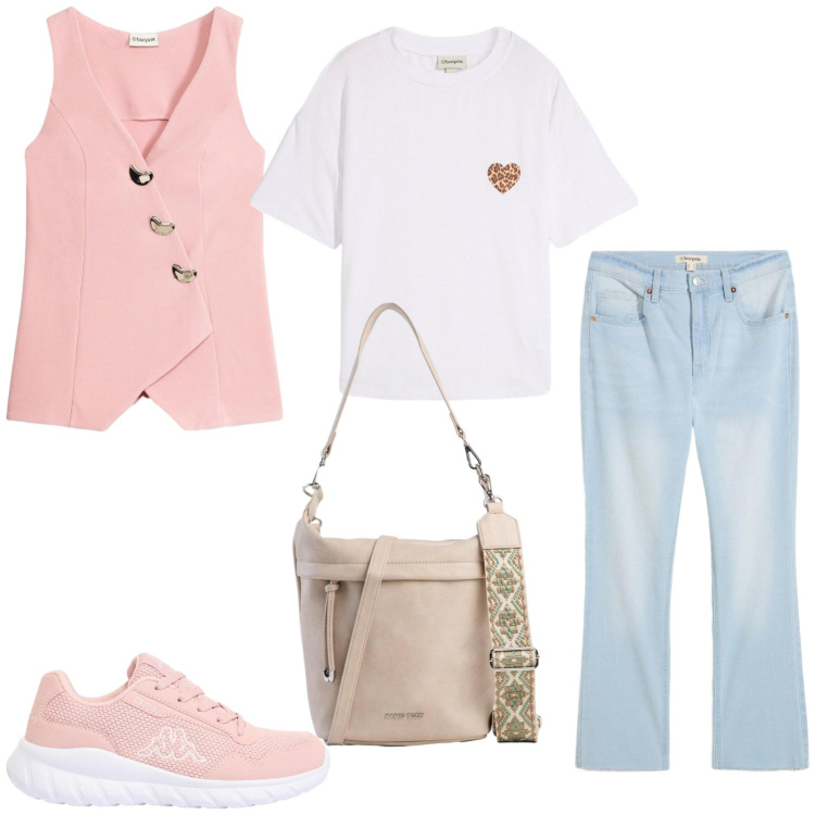Outfit donna - Estate al lavoro. Stile Casual per Tutti i giorni. Abbinamento con t-shirt, blazer, jeans bootcut, borse a tracolla, sneakers.