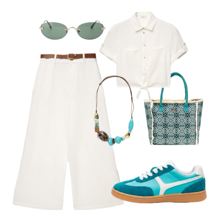 Outfit donna - Look fresco. Stile Casual per Tutti i giorni. Abbinamento con sneakers, pantaloni a palazzo, camicie a manica corta, occhiali da sole, collane, borse a spalla.