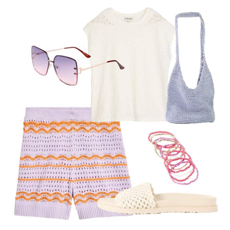 Outfit donna - Capi facili da abbinare. Stile Minimal per Mare. Abbinamento con canottiere, shorts, occhiali da sole, ciabatte, braccialetti, shopping bag.