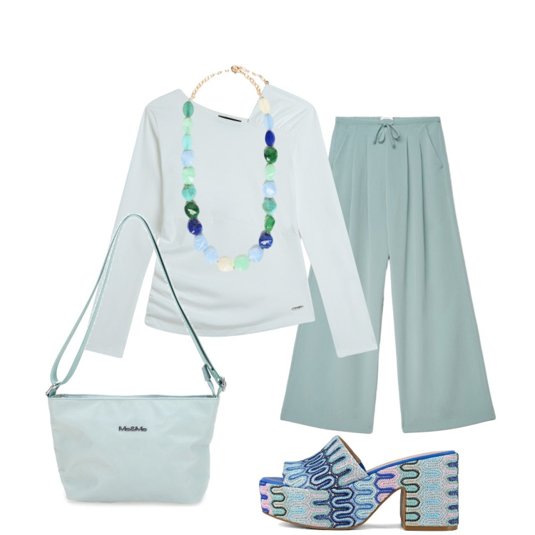 Outfit donna - Total look #2413691. Stile Glamour per Tutti i giorni. Abbinamento con pantaloni, maglieria, collane, sabot, borse a spalla.